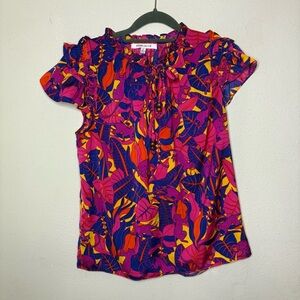 Rose & Olive Pink and Blue Floral Blouse with Monkeys Size Medium